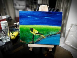 bird painting canvas with easel